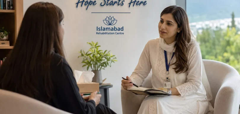 Therapist guiding a patient during a counseling session in a modern rehabilitation centre in Islamabad, shown in a calm, supportive room with soft daylight and a peaceful atmosphere.