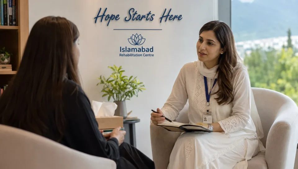 Therapist guiding a patient during a counseling session in a modern rehabilitation centre in Islamabad, shown in a calm, supportive room with soft daylight and a peaceful atmosphere.