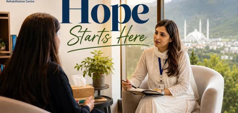 Therapist guiding a patient during a counseling session inside a modern rehabilitation centre in Islamabad, in a calm and supportive room with soft natural light and a peaceful healing atmosphere.