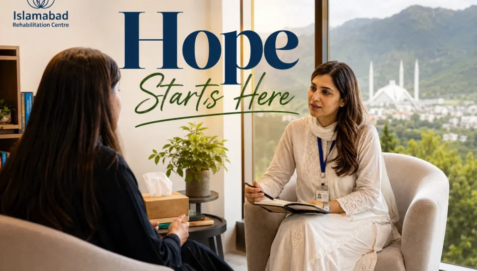 Therapist guiding a patient during a counseling session inside a modern rehabilitation centre in Islamabad, in a calm and supportive room with soft natural light and a peaceful healing atmosphere.