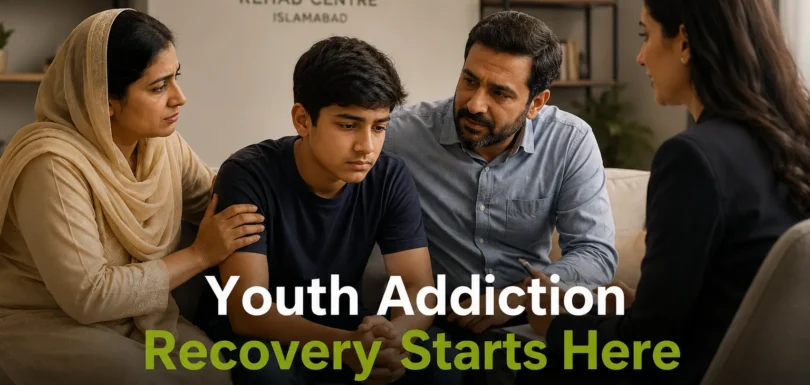 Young patient receiving counseling and addiction recovery support at a youth rehab centre in Islamabad, Pakistan.