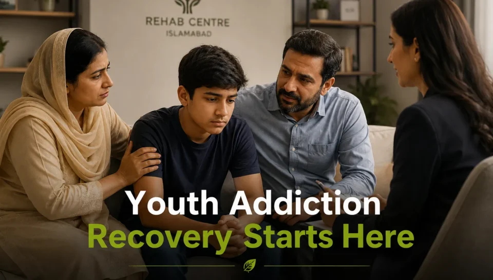 Young patient receiving counseling and addiction recovery support at a youth rehab centre in Islamabad, Pakistan.