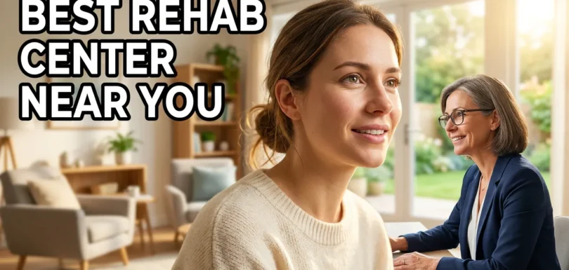 Best rehab center near you showing a modern counseling session between therapist and patient in a peaceful rehabilitation facility focused on addiction recovery and mental health treatment.
