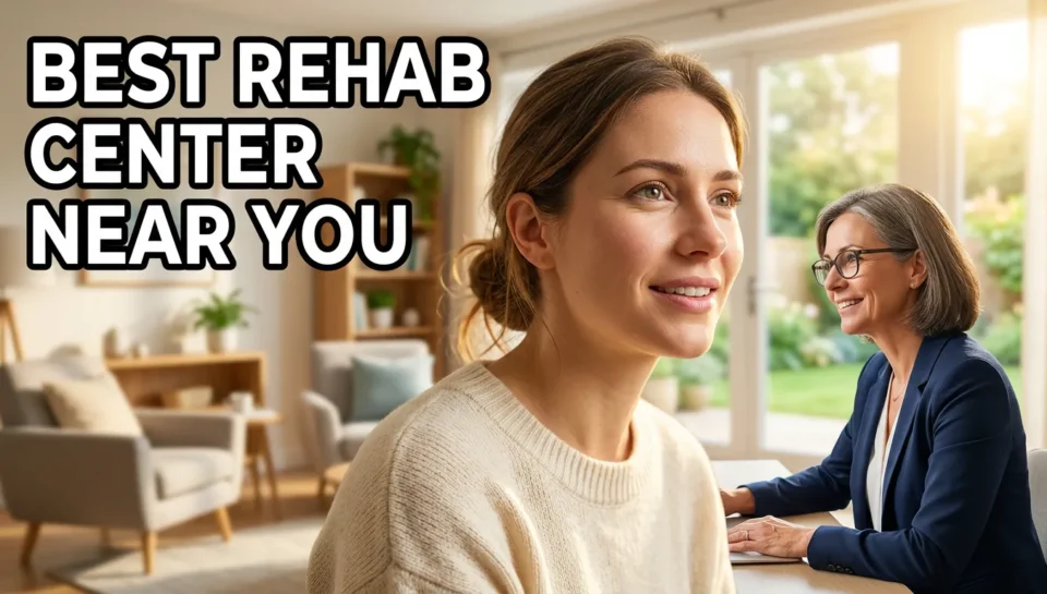 Best rehab center near you showing a modern counseling session between therapist and patient in a peaceful rehabilitation facility focused on addiction recovery and mental health treatment.