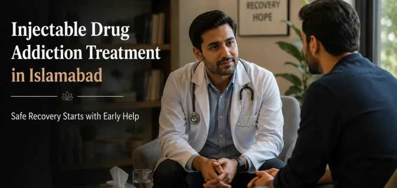 Doctor counseling a patient in a modern rehabilitation centre in Islamabad during injectable drug addiction treatment, showing a calm and supportive recovery environment.
