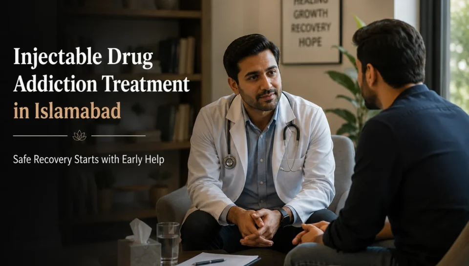 Doctor counseling a patient in a modern rehabilitation centre in Islamabad during injectable drug addiction treatment, showing a calm and supportive recovery environment.