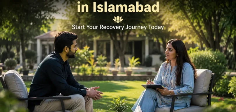 Best rehabilitation centre in Islamabad showing a calm modern rehab facility with therapist supporting a recovering patient in a peaceful healing environment.