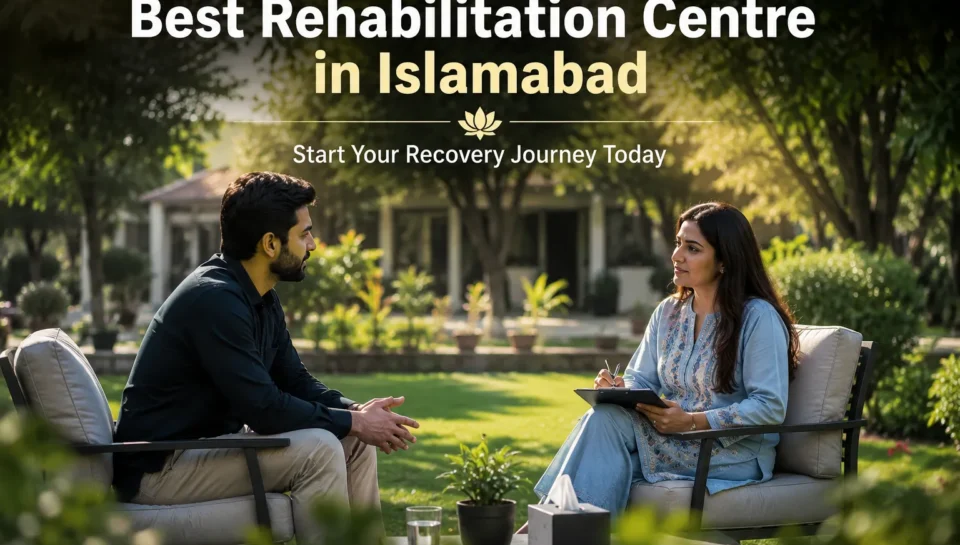 Best rehabilitation centre in Islamabad showing a calm modern rehab facility with therapist supporting a recovering patient in a peaceful healing environment.