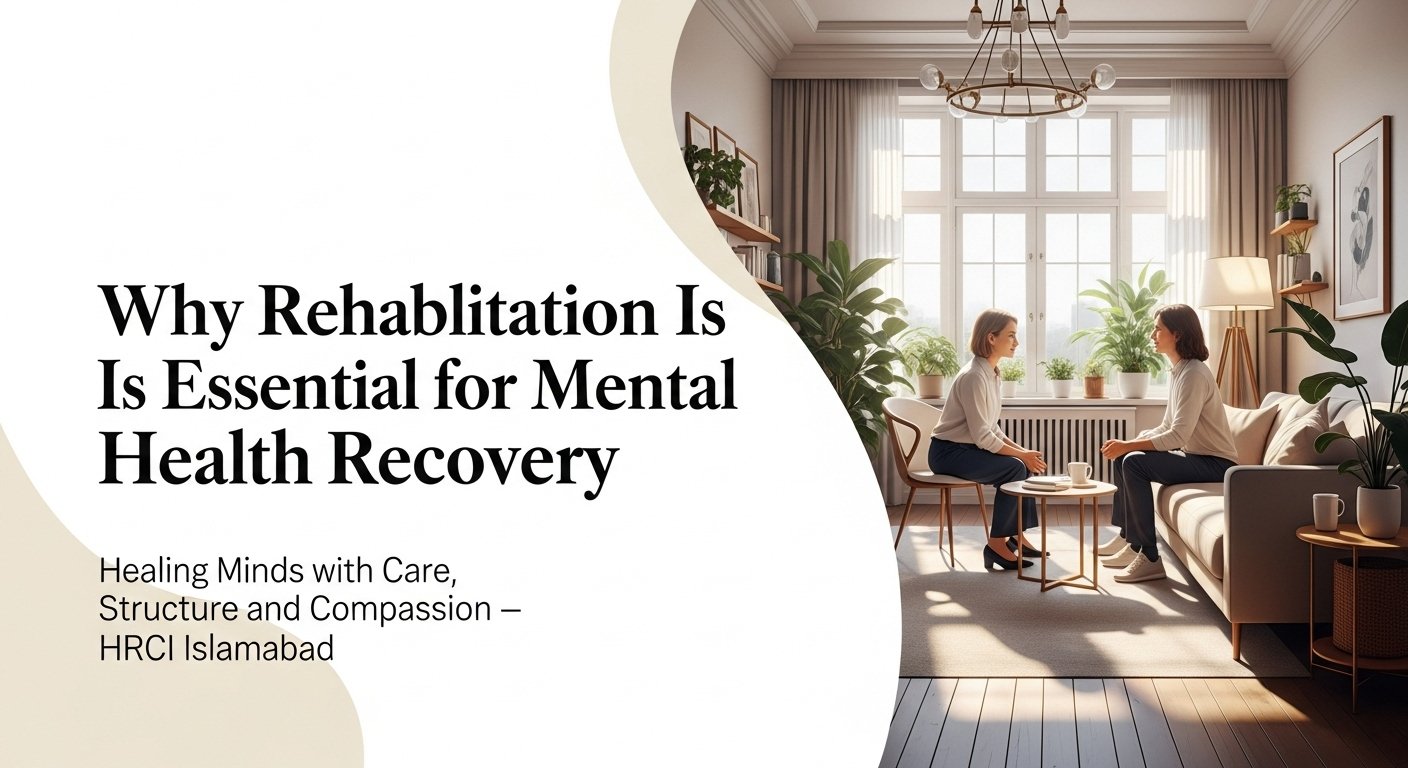 A calm therapy session in a bright, modern rehabilitation center symbolizing mental health recovery at HRCI Islamabad.