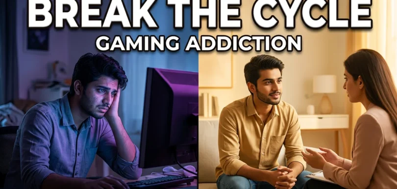A split scene showing gaming addiction and recovery treatment in a rehabilitation centre in Islamabad, representing therapy and support for behavioral addiction recovery.