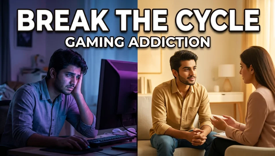 A split scene showing gaming addiction and recovery treatment in a rehabilitation centre in Islamabad, representing therapy and support for behavioral addiction recovery.