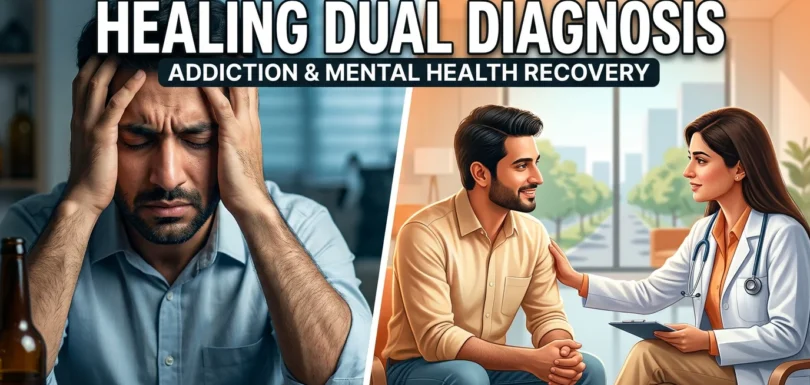A split scene showing addiction and mental health treatment in a rehabilitation centre in Islamabad, representing dual diagnosis care for co-occurring disorders.