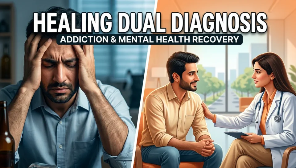 A split scene showing addiction and mental health treatment in a rehabilitation centre in Islamabad, representing dual diagnosis care for co-occurring disorders.