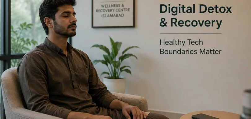 A patient in a rehabilitation centre practicing mindfulness away from smartphones and social media, representing digital detox and healthy technology boundaries in addiction recovery.