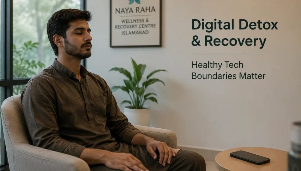 A patient in a rehabilitation centre practicing mindfulness away from smartphones and social media, representing digital detox and healthy technology boundaries in addiction recovery.