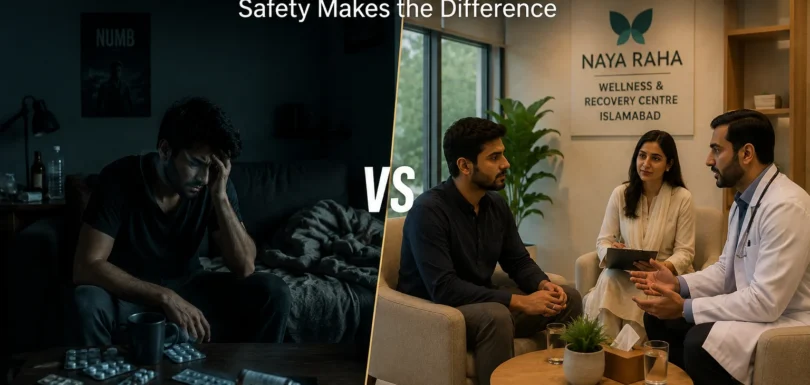 Professional rehab center compared with home addiction treatment showing safe recovery support