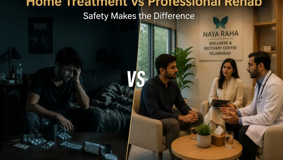 Professional rehab center compared with home addiction treatment showing safe recovery support