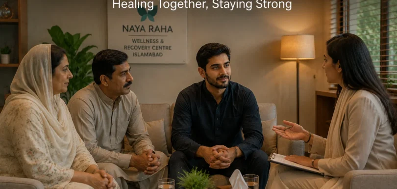 A therapist guiding a family counseling session in a rehabilitation centre in Islamabad, showing emotional support and communication between family members during addiction recovery.