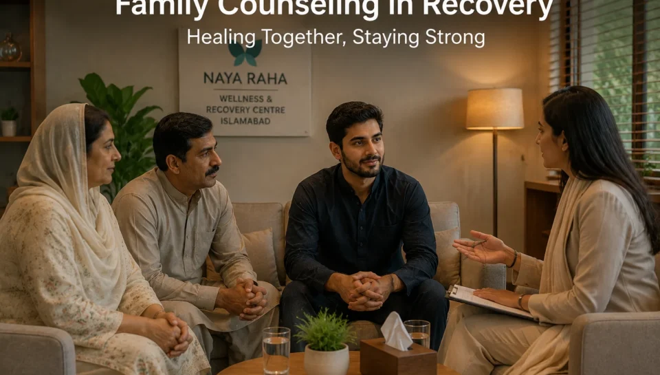A therapist guiding a family counseling session in a rehabilitation centre in Islamabad, showing emotional support and communication between family members during addiction recovery.