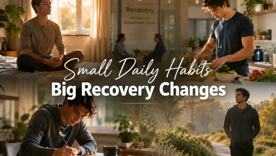 Person practicing healthy daily habits during addiction recovery in peaceful environment