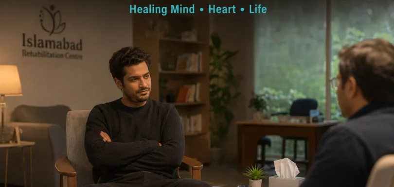 A patient in a rehabilitation centre in Islamabad during a therapy session focused on emotional healing after addiction recovery, showing calm, support, and mental wellness.