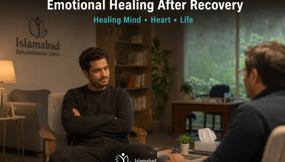 A patient in a rehabilitation centre in Islamabad during a therapy session focused on emotional healing after addiction recovery, showing calm, support, and mental wellness.
