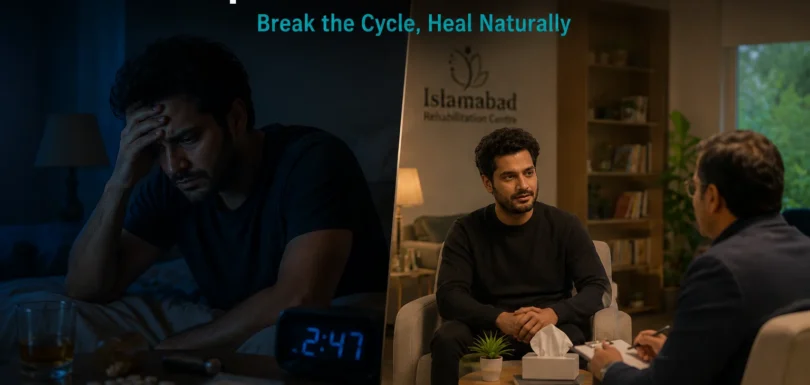 A split scene showing insomnia and addiction on one side and professional treatment in a rehabilitation centre in Islamabad on the other, representing recovery from sleep-related substance use issues.