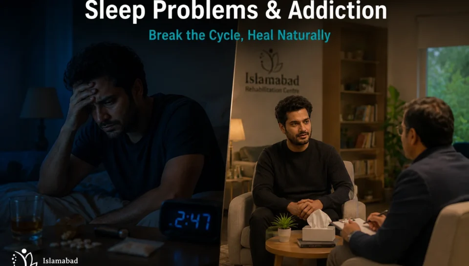 A split scene showing insomnia and addiction on one side and professional treatment in a rehabilitation centre in Islamabad on the other, representing recovery from sleep-related substance use issues.