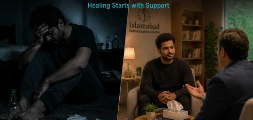 Trauma and addiction connection showing emotional distress and professional rehab support