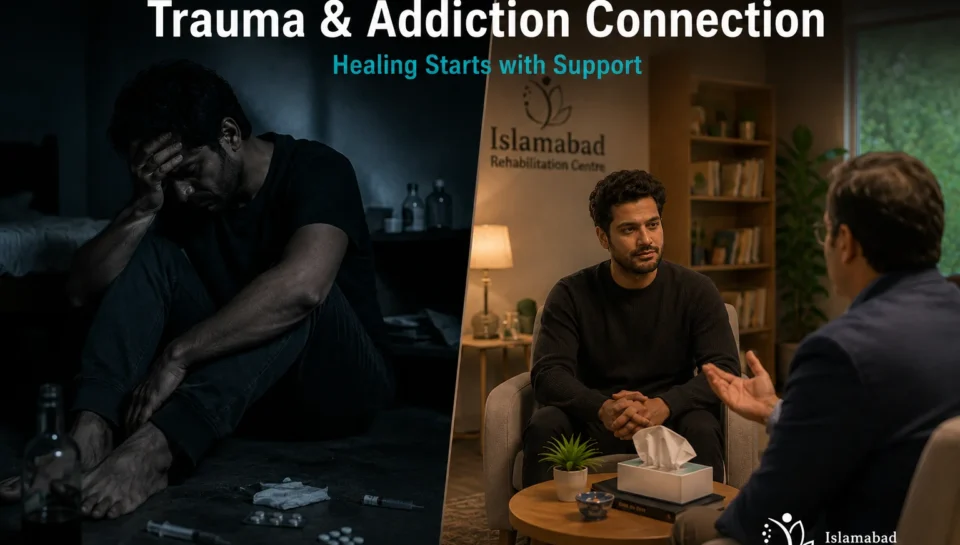 Trauma and addiction connection showing emotional distress and professional rehab support