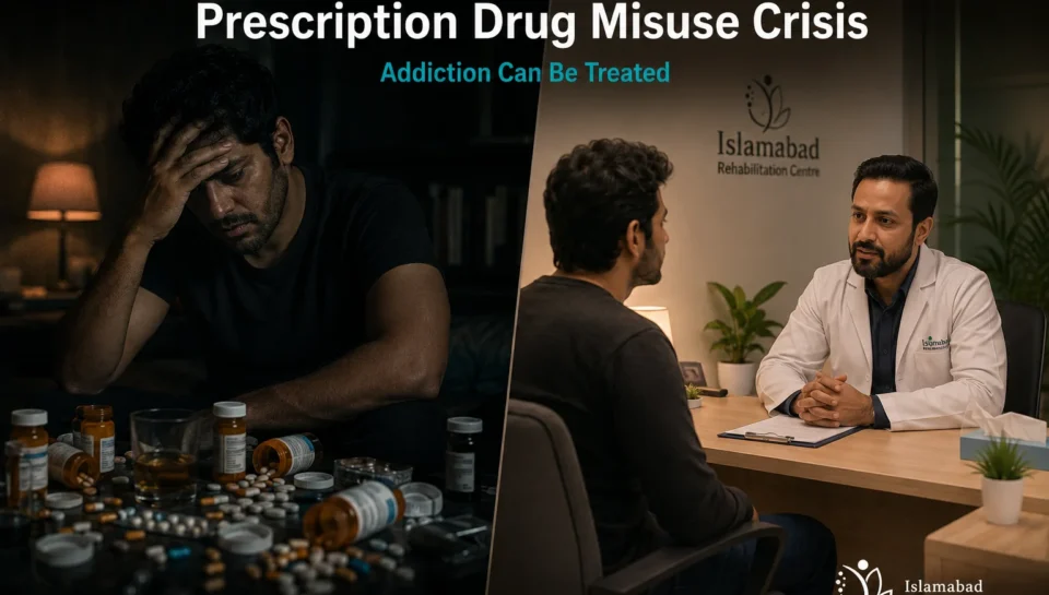 Prescription drug misuse in Pakistan showing addiction risks and rehabilitation treatment support