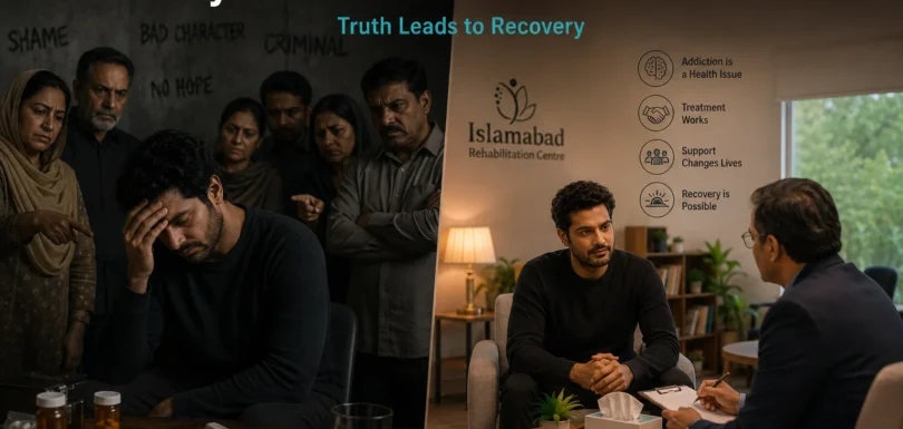 A split image showing myths and stigma versus professional addiction treatment in a rehabilitation centre in Islamabad, representing awareness of drug addiction facts in Pakistan.