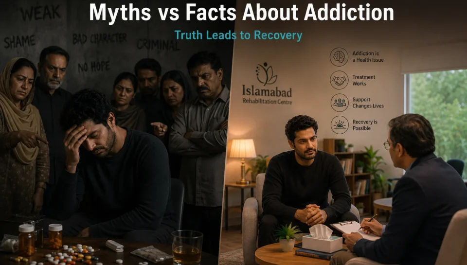A split image showing myths and stigma versus professional addiction treatment in a rehabilitation centre in Islamabad, representing awareness of drug addiction facts in Pakistan.
