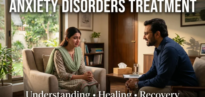 A patient experiencing anxiety during a therapy session in a rehabilitation centre in Islamabad, showing professional mental health treatment and emotional support for anxiety disorders.
