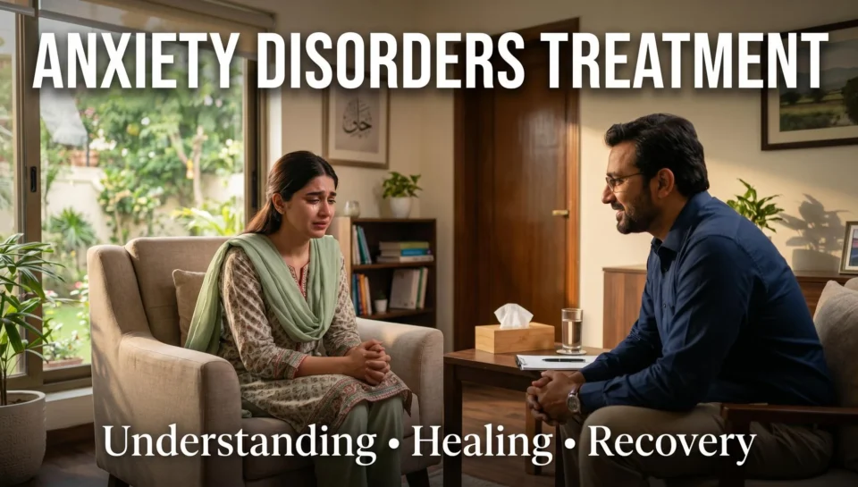 A patient experiencing anxiety during a therapy session in a rehabilitation centre in Islamabad, showing professional mental health treatment and emotional support for anxiety disorders.
