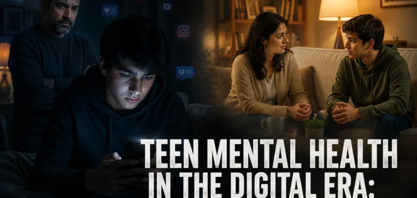 Teen using smartphone in a dark room while parent looks concerned, showing digital impact on mental health