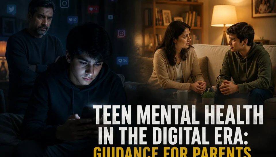 Teen using smartphone in a dark room while parent looks concerned, showing digital impact on mental health