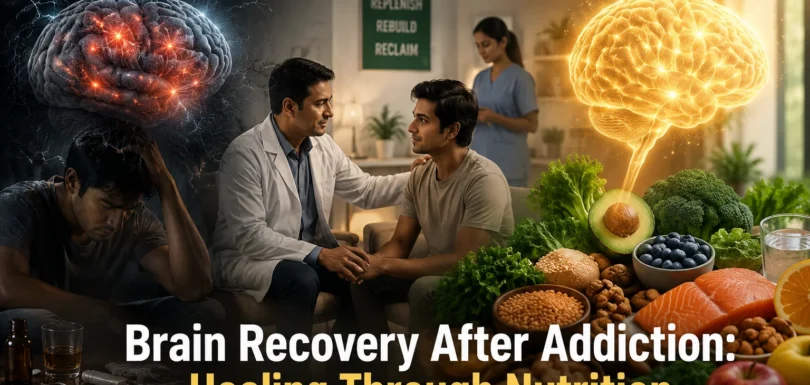 Split image showing damaged brain from addiction transforming into healthy brain supported by nutritious foods