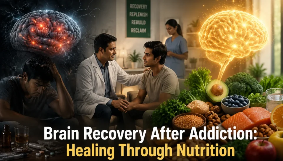 Split image showing damaged brain from addiction transforming into healthy brain supported by nutritious foods