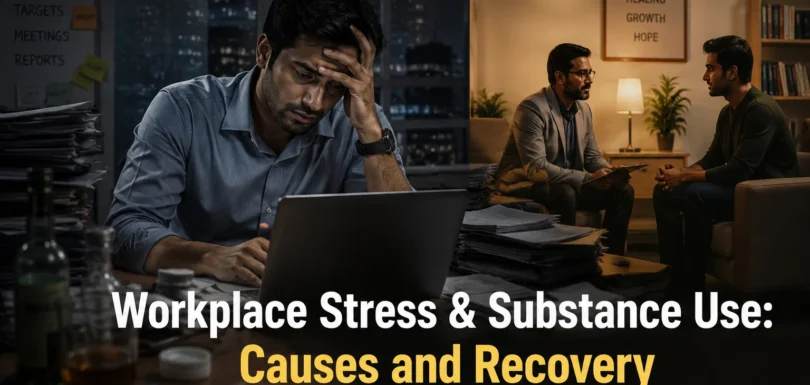 Office worker experiencing workplace stress with contrast showing addiction risk and rehabilitation support environment
