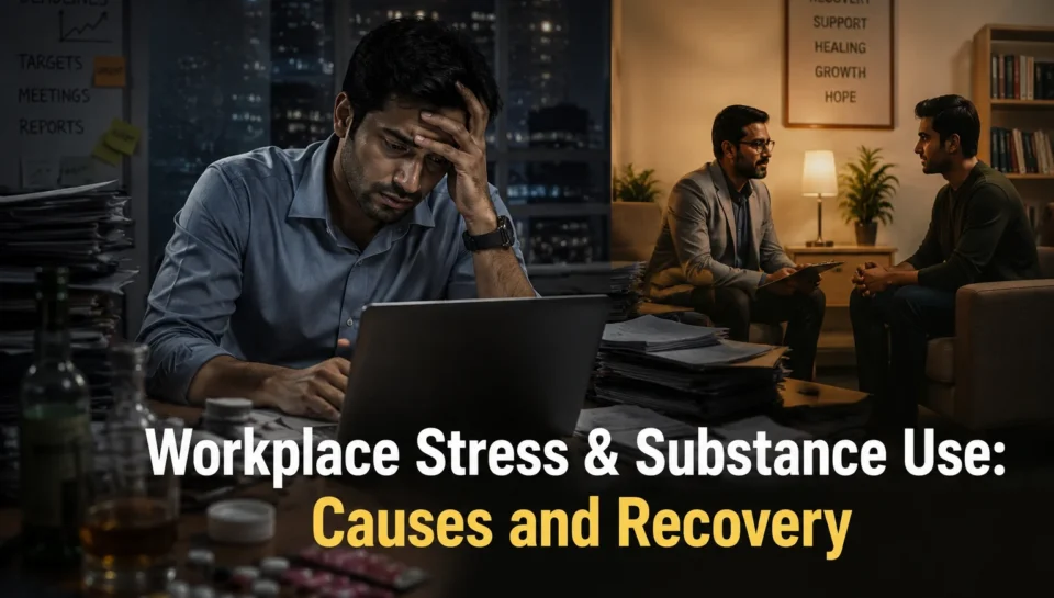 Office worker experiencing workplace stress with contrast showing addiction risk and rehabilitation support environment