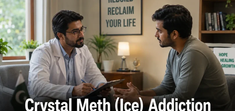 A healthcare professional counseling a patient inside a modern rehabilitation centre in Pakistan, representing treatment and recovery support for crystal meth (ice) addiction in a calm and hopeful environment.
