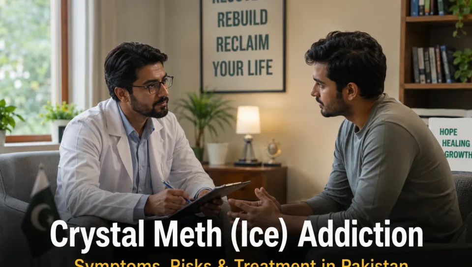 A healthcare professional counseling a patient inside a modern rehabilitation centre in Pakistan, representing treatment and recovery support for crystal meth (ice) addiction in a calm and hopeful environment.