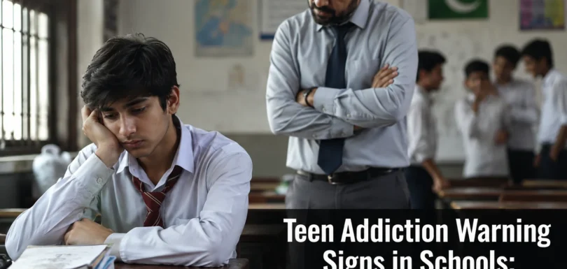 Teacher observing a withdrawn student in classroom showing early signs of teen addiction and mental health concerns