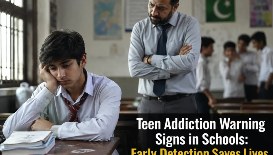 Teacher observing a withdrawn student in classroom showing early signs of teen addiction and mental health concerns