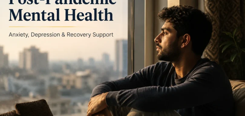 A young person sitting near a window in a calm room, reflecting emotional stress and recovery from post-pandemic anxiety and depression, symbolizing mental health support and healing.