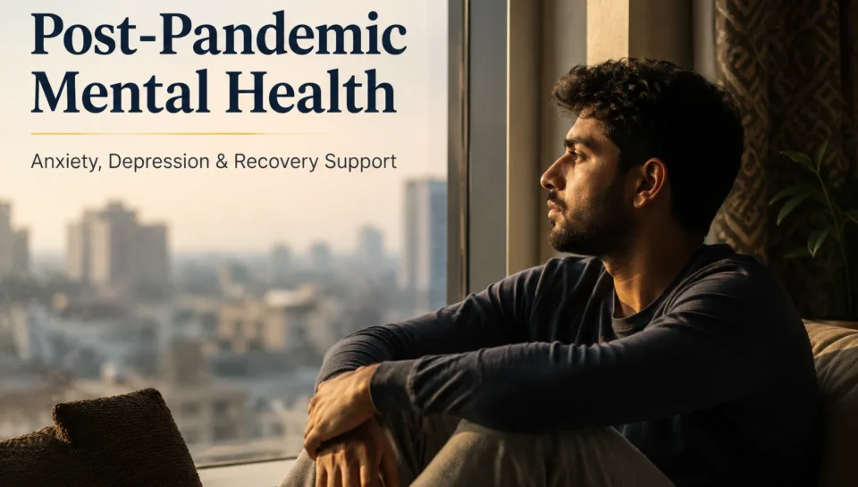 A young person sitting near a window in a calm room, reflecting emotional stress and recovery from post-pandemic anxiety and depression, symbolizing mental health support and healing.