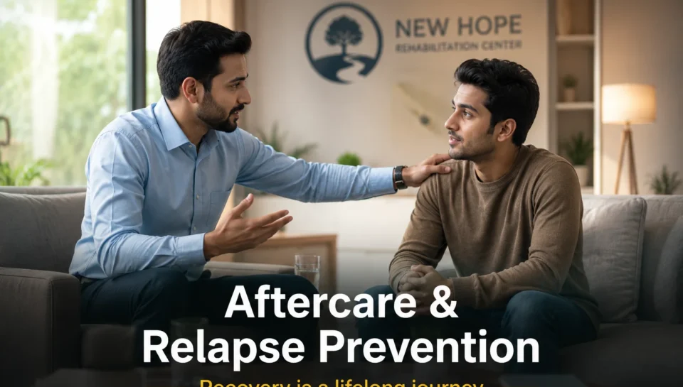 Aftercare and relapse prevention in addiction recovery with counselor supporting patient in rehab center