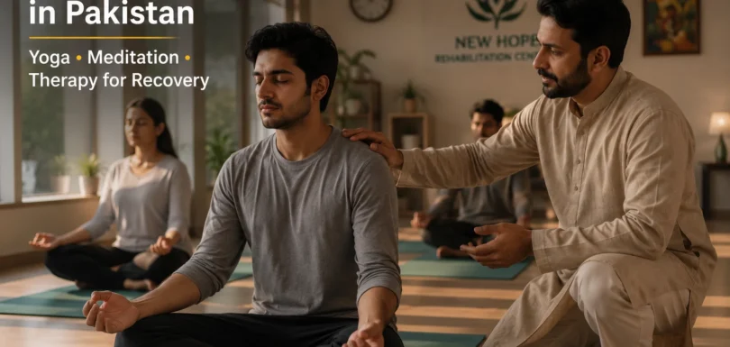 A calm rehabilitation centre in Pakistan where a therapist is guiding a patient through a mindfulness session, representing holistic addiction recovery with yoga, meditation, and therapy in a peaceful clinical environment.