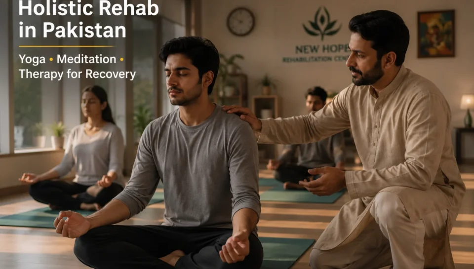 A calm rehabilitation centre in Pakistan where a therapist is guiding a patient through a mindfulness session, representing holistic addiction recovery with yoga, meditation, and therapy in a peaceful clinical environment.